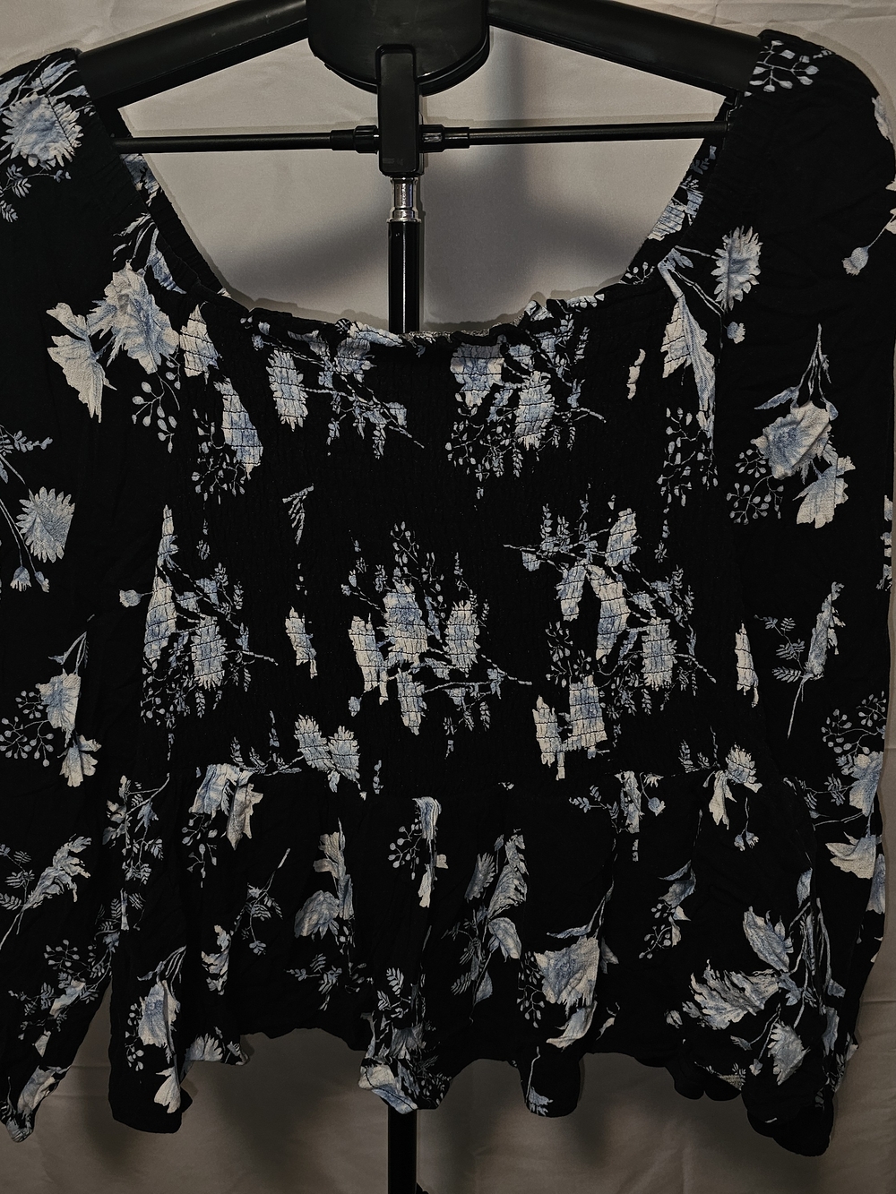 torrid Black Floral Smocked Peasant Top with Blue & White Blooms